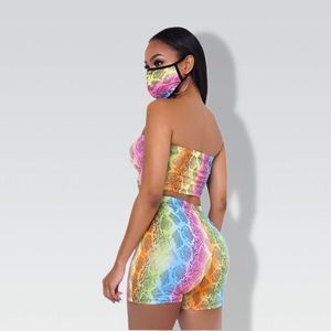 High Waist Shorts and Tub Top with Matching Mask- Multicolor Print